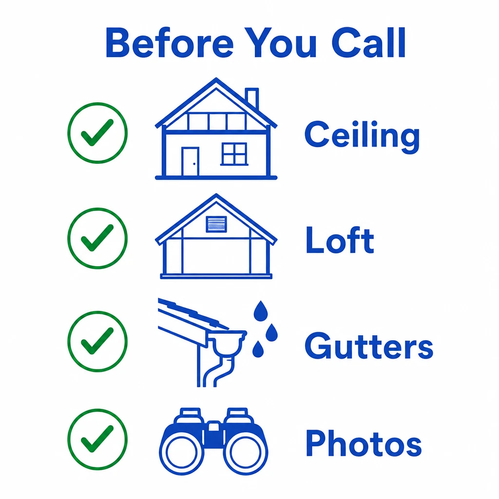 Checklist graphic of safe homeowner checks before calling a roofer.
