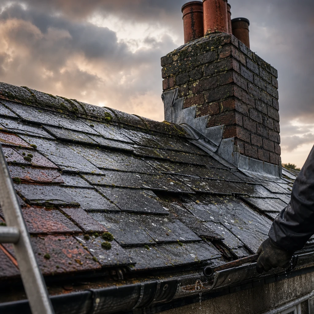 Close-up of cracked tiles, slipped slates and worn roof details.