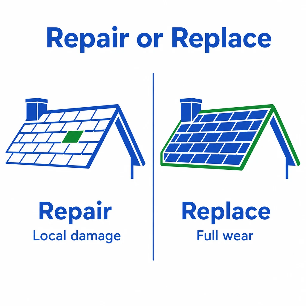 Graphic comparing roof repair with full roof replacement.