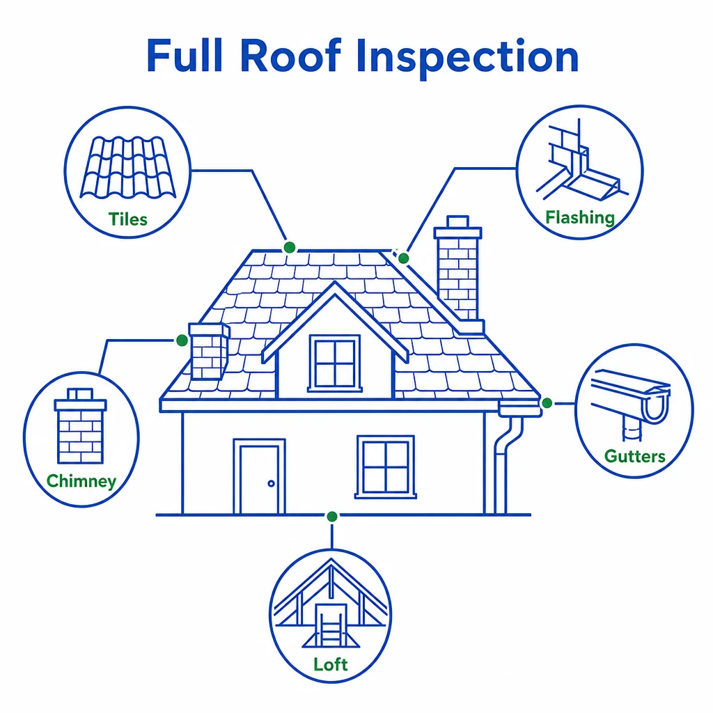 Graphic showing key roof repair inspection areas including tiles, flashing, gutters, chimney and loft.