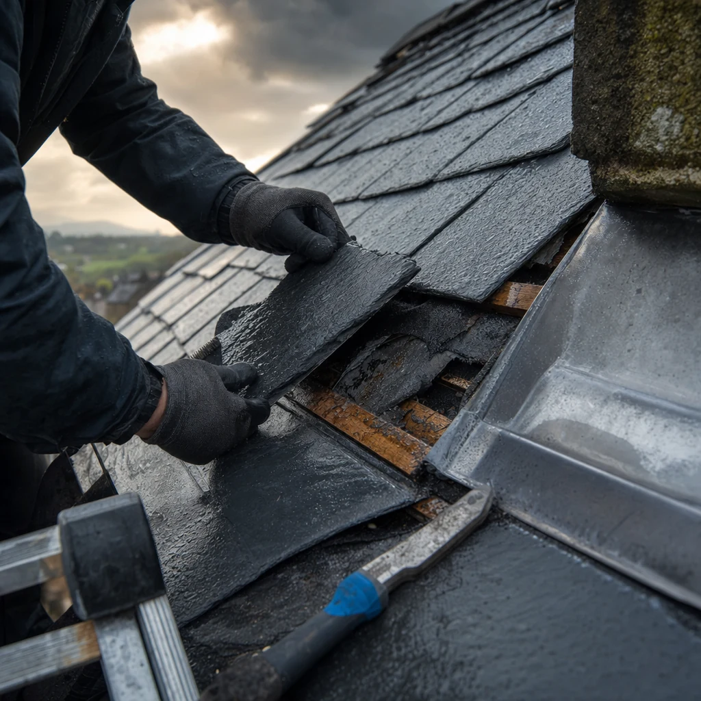 Roofer lifting a slate to reveal hidden moisture and underlay damage.