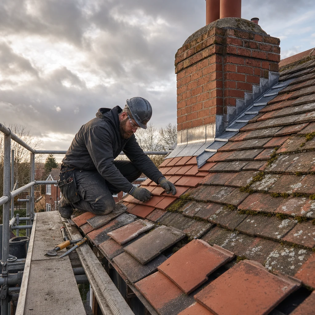 Roofer matching replacement tiles and flashing details on a pitched roof.
