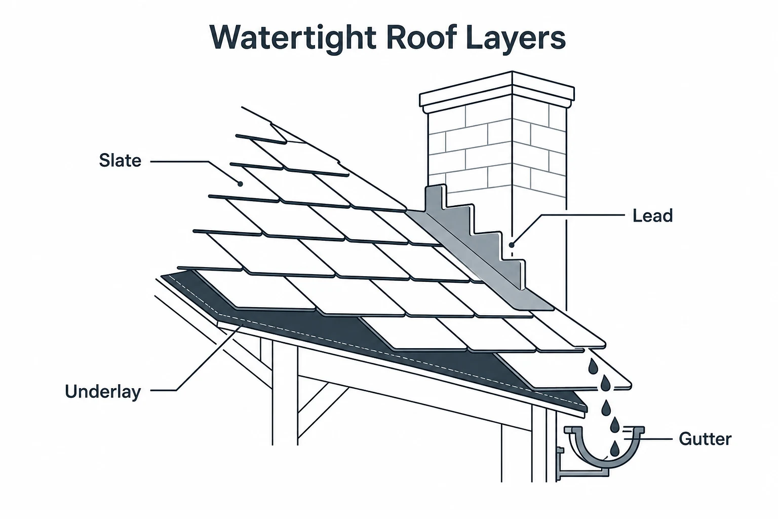 Diagram showing slate, lead, underlay and gutter layers