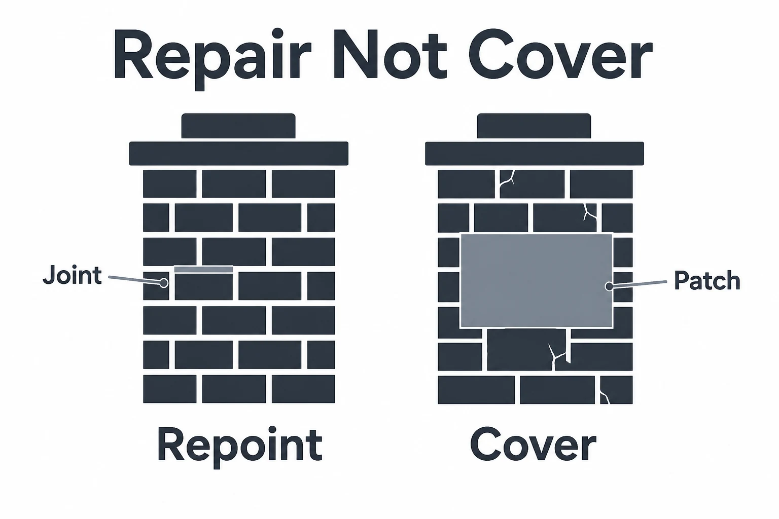 Graphic comparing chimney repointing with covering damaged joints
