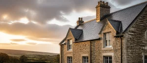 Historic stone home with a watertight slate roof after rain