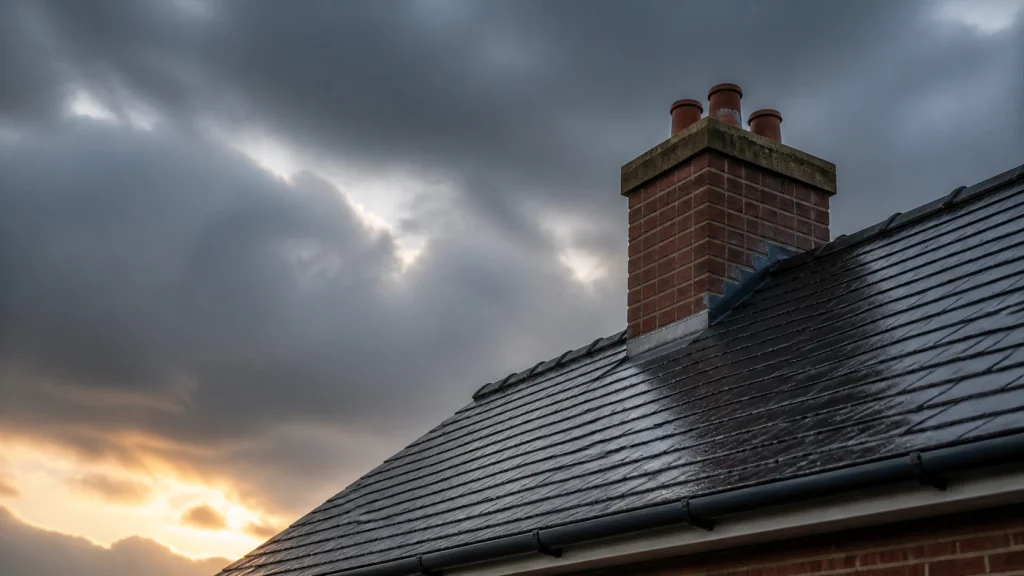 Neatly pointed chimney stack on a wet pitched roof after rain