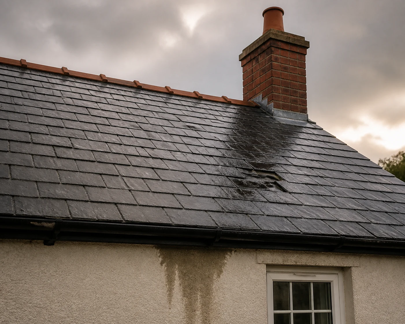 Traditional slate roof showing slipped slates after rain