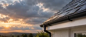 Aligned guttering along a clean fascia beneath a wet pitched roof