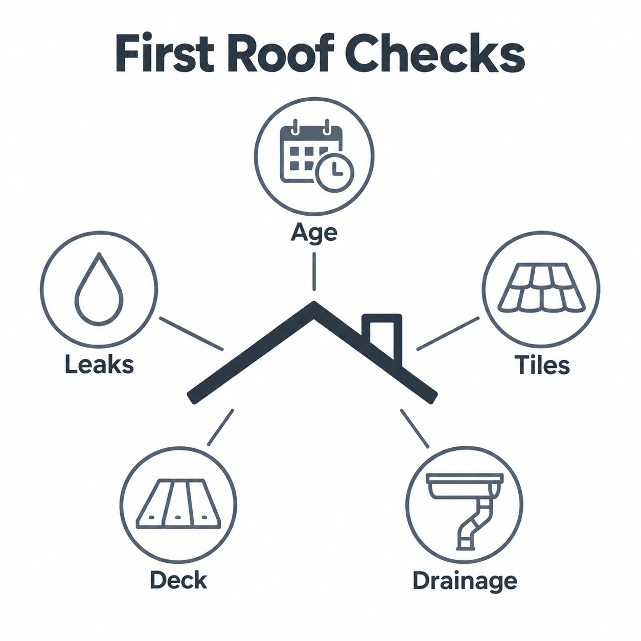 Graphic showing first roof checks: age, leaks, tiles, deck and drainage