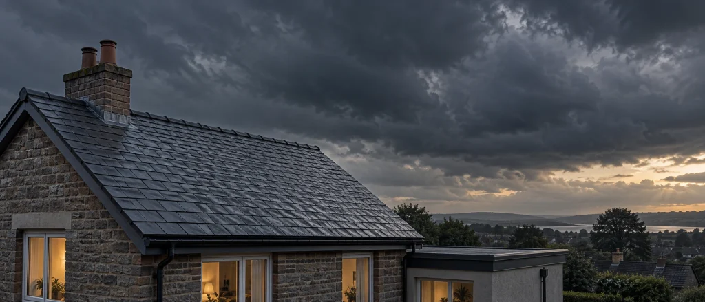 Pitched UK home roof under a stormy sky