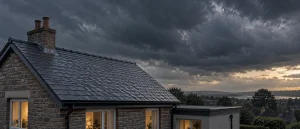 Pitched UK home roof under a stormy sky