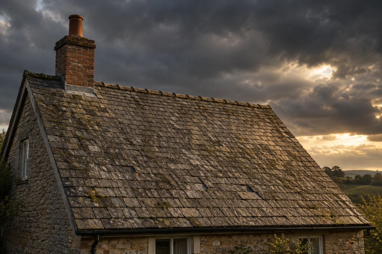 Weathered pitched roof showing signs of wider age and wear